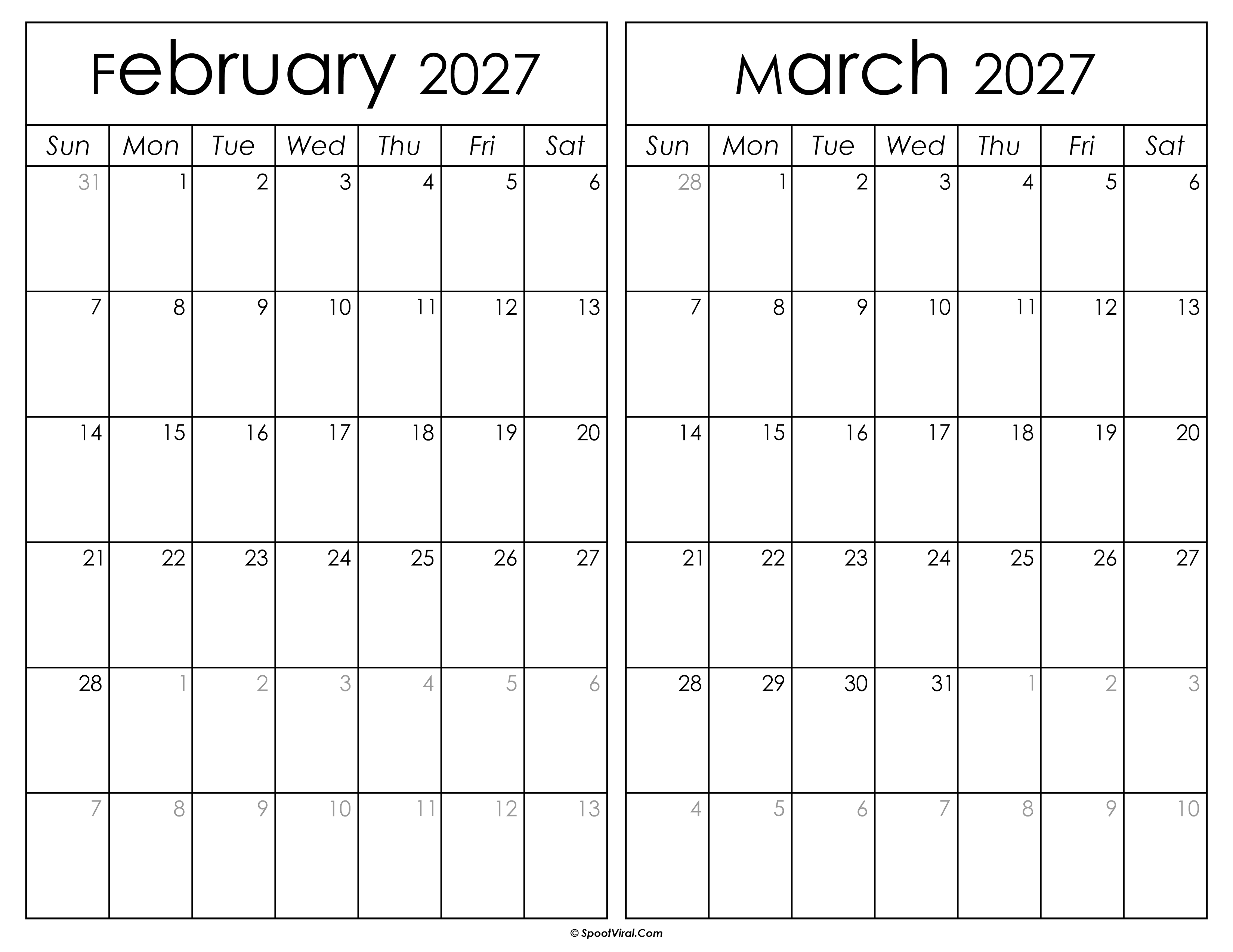 Printable February March 2027 Calendar