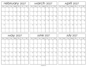 Printable February to July Calendar 2027