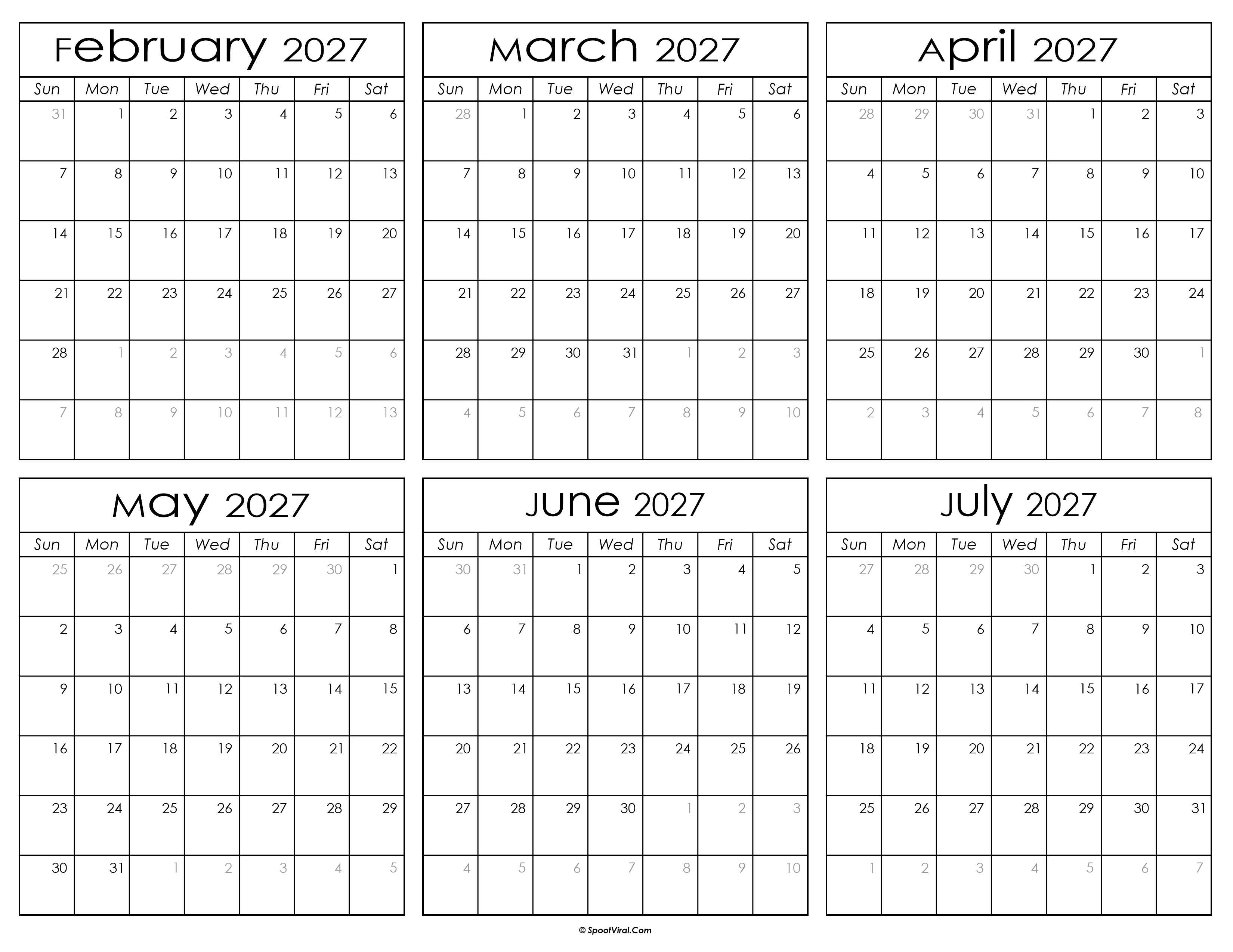 Printable February to July Calendar 2027