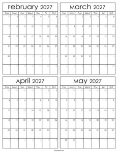 Printable February to May 2027 Calendars