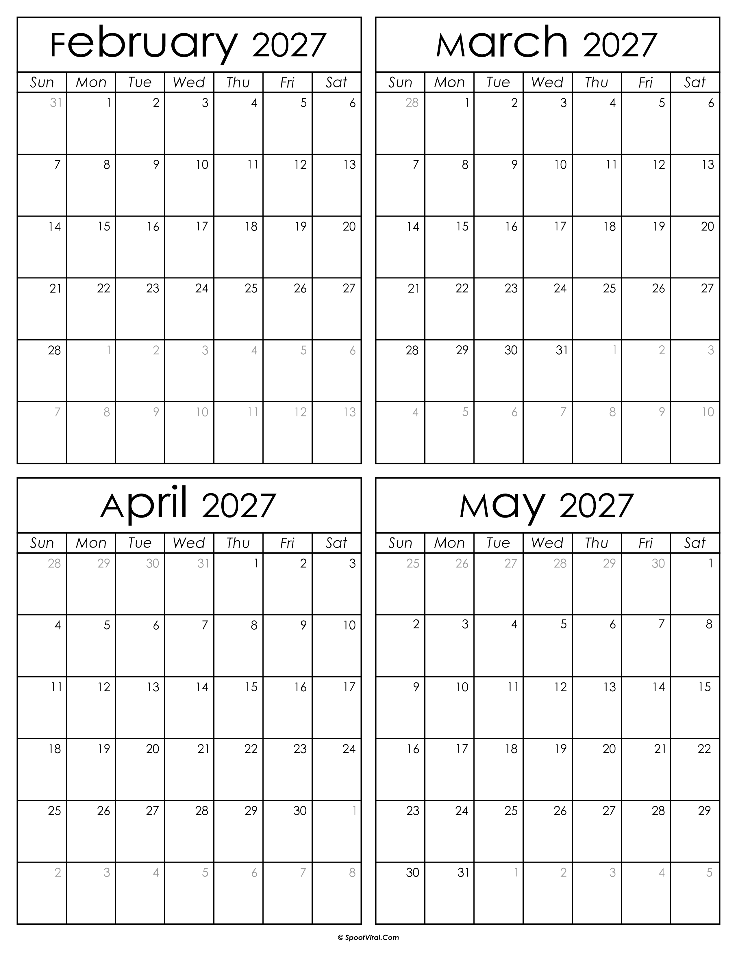 Printable February to May 2027 Calendars