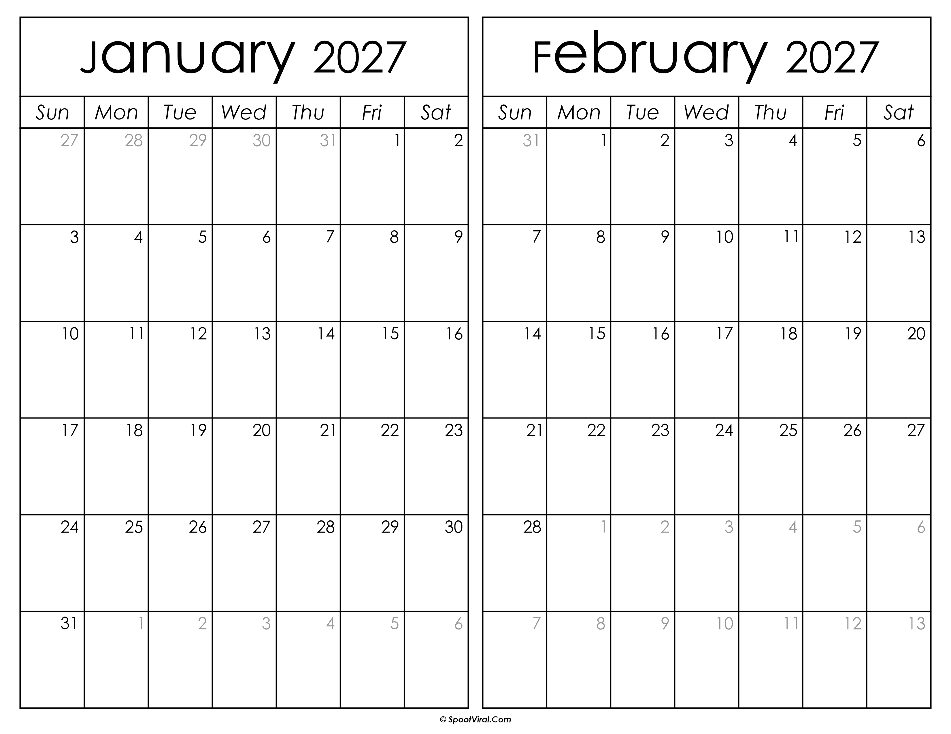 Printable January February 2027 Calendar