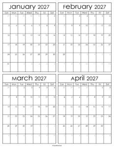 Printable January to April 2027 Calendars