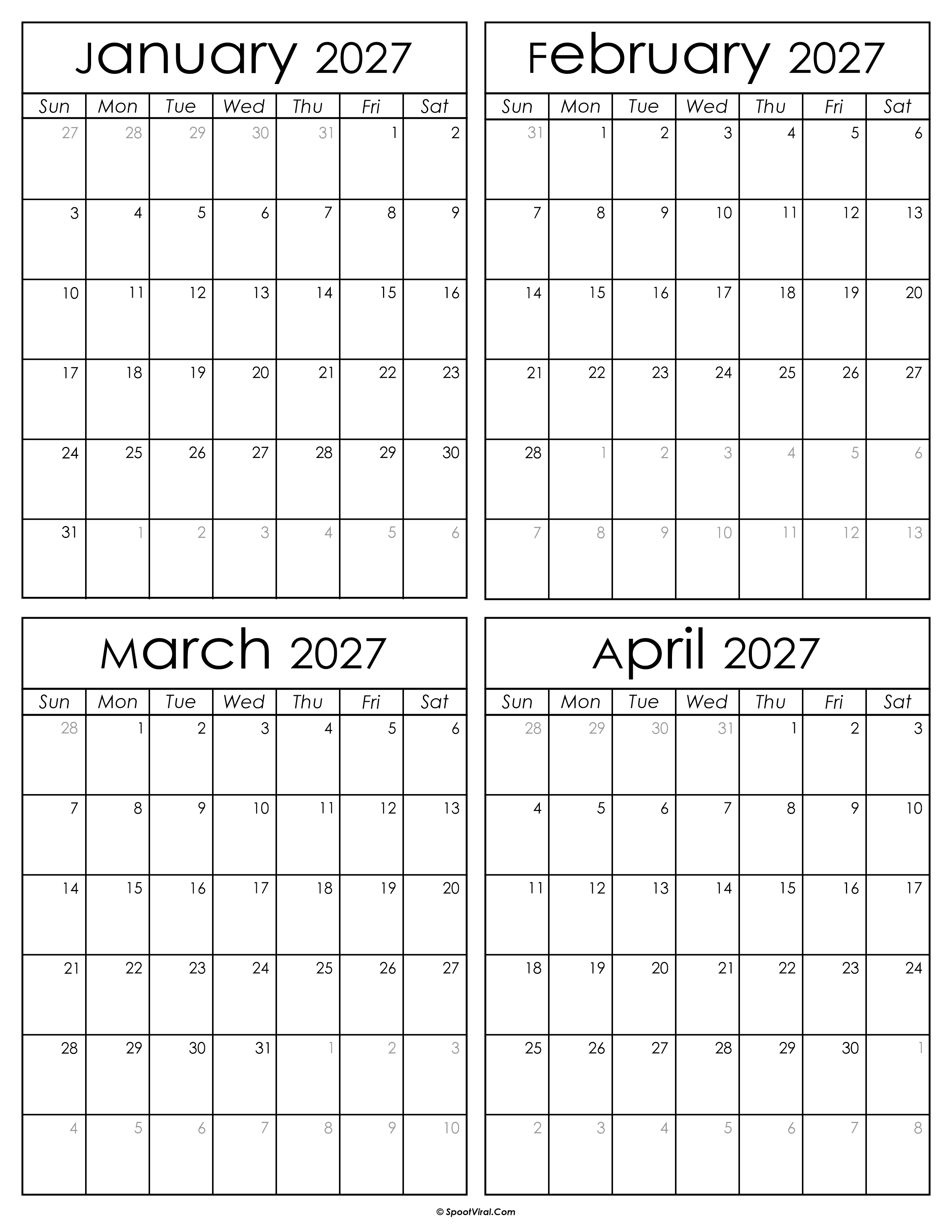 Printable January to April 2027 Calendars