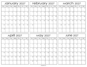Printable January to June Calendar 2027