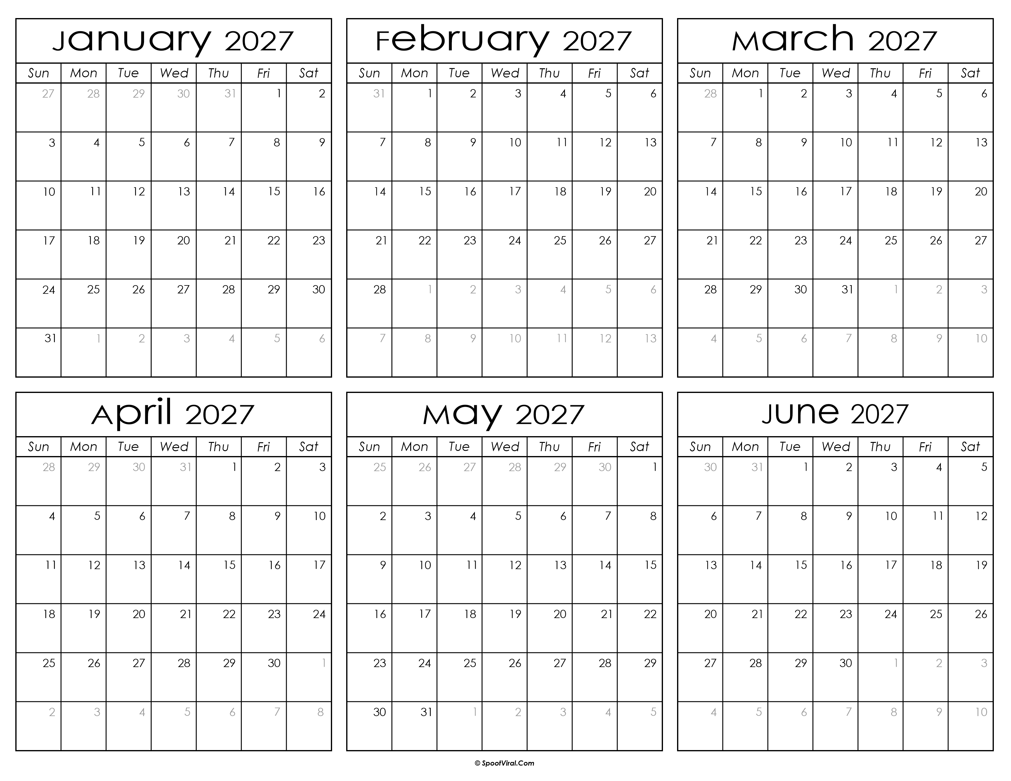Printable January to June Calendar 2027