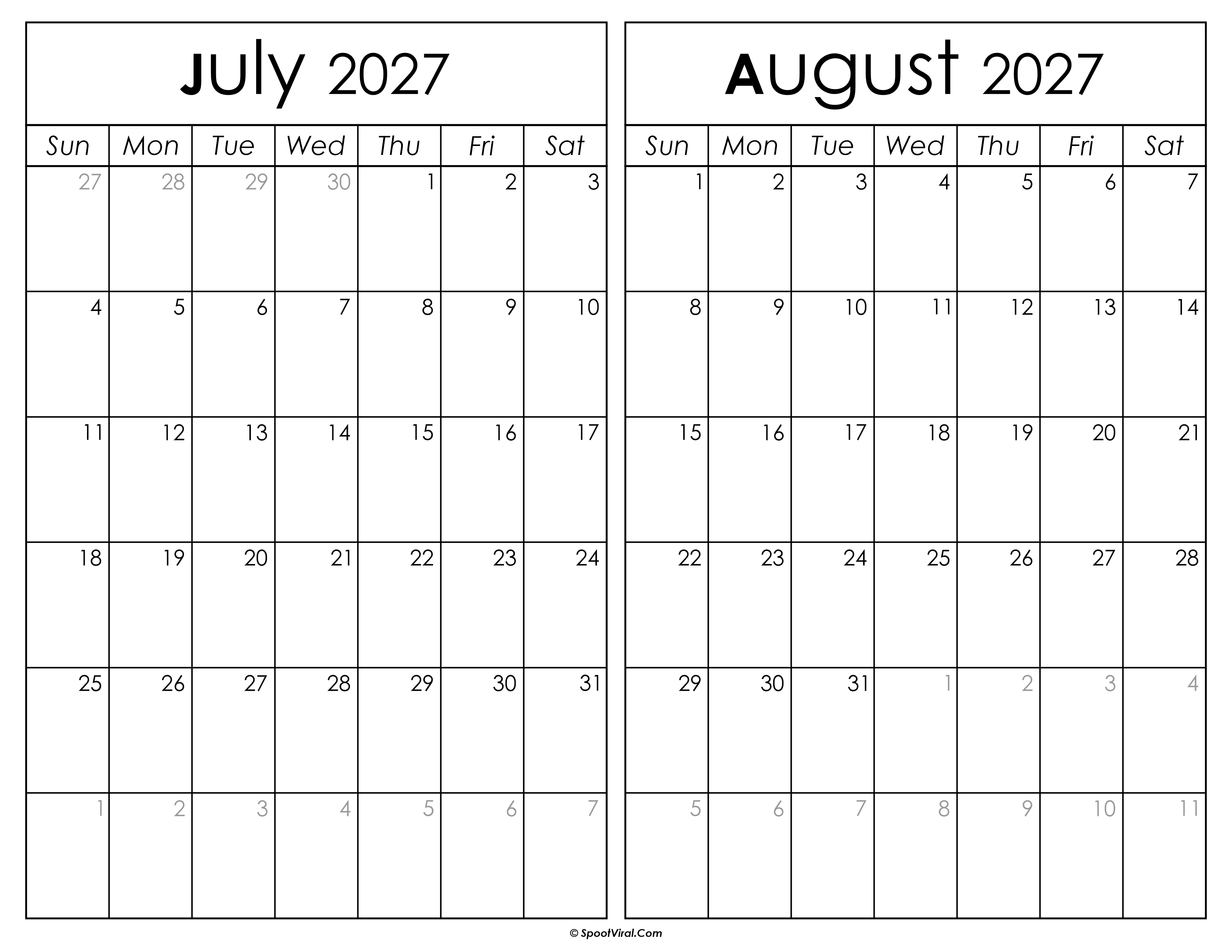 Printable July August 2027 Calendar