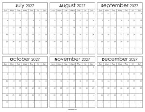 Printable July to December Calendar 2027