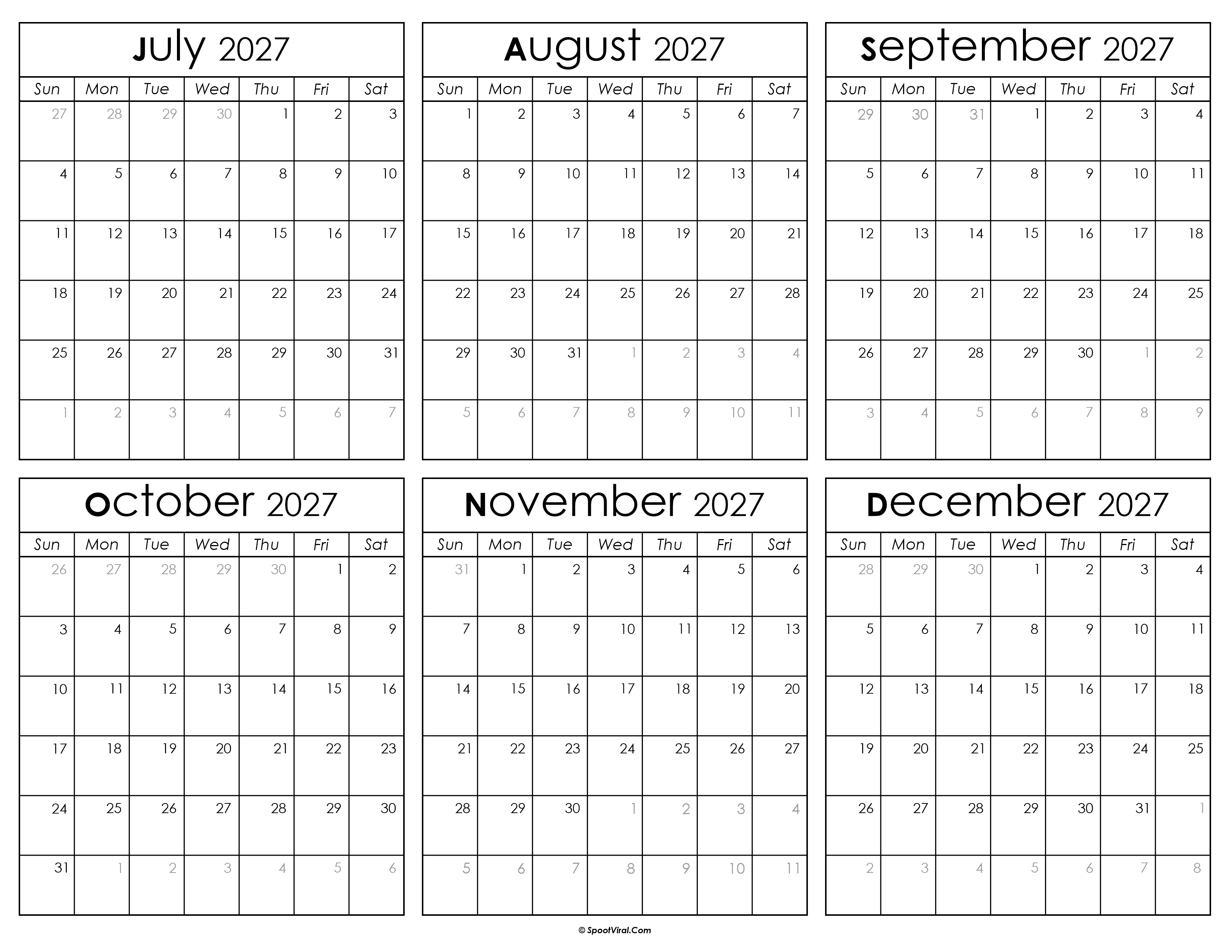 Printable July to December Calendar 2027