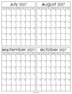 Printable July to October 2027 Calendars
