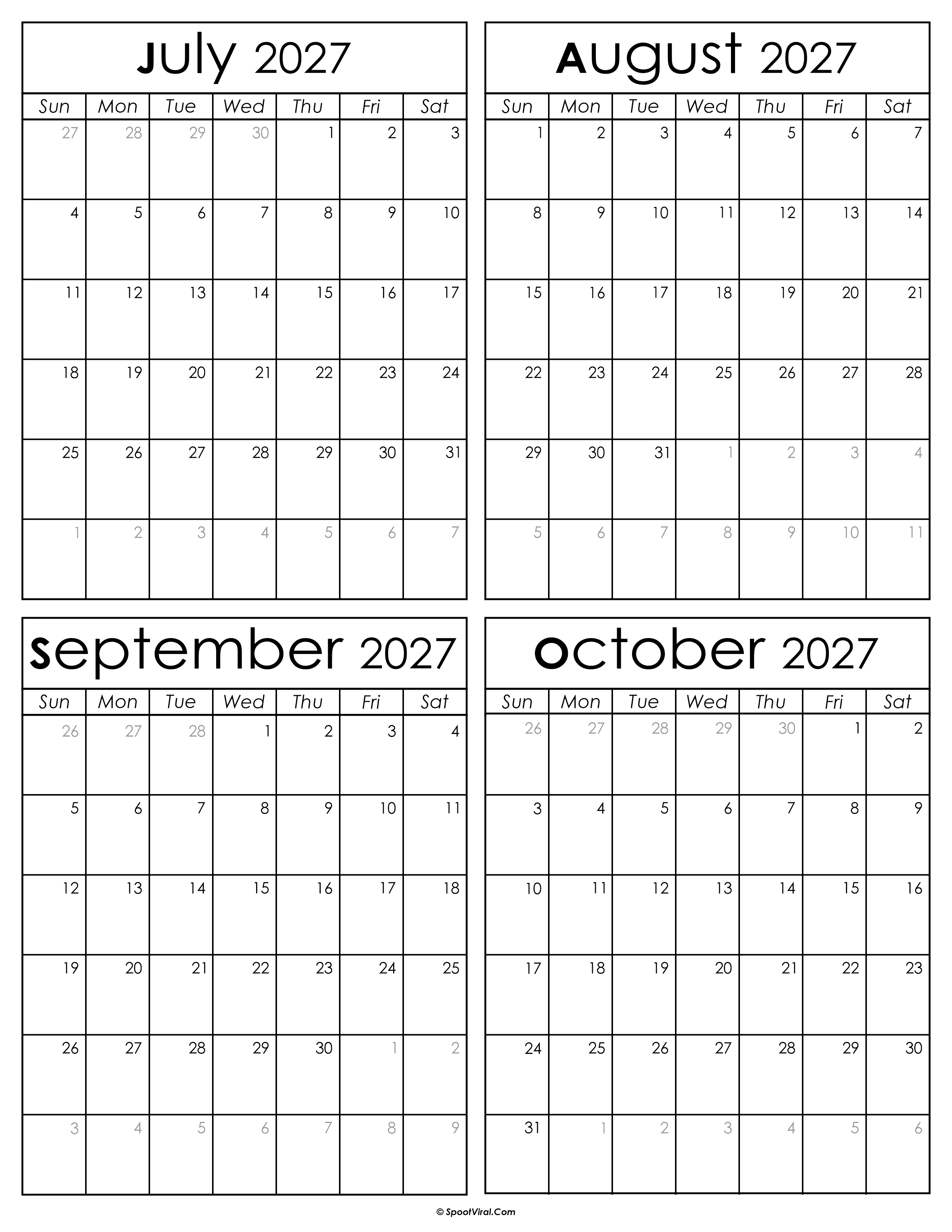 Printable July to October 2027 Calendars