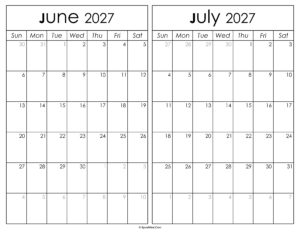 Printable June July 2027 Calendar