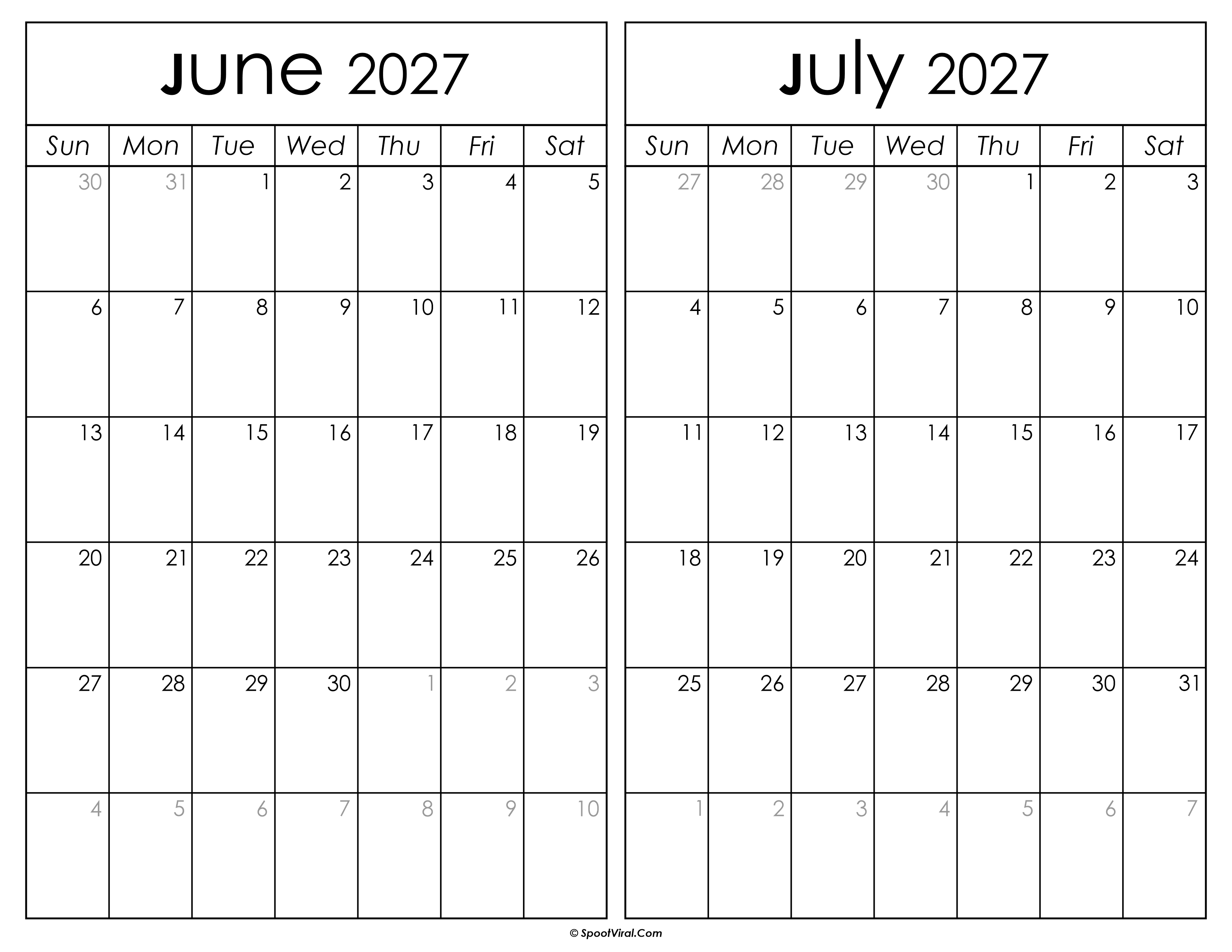 Printable June July 2027 Calendar