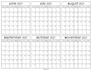 Printable June to November Calendar 2027