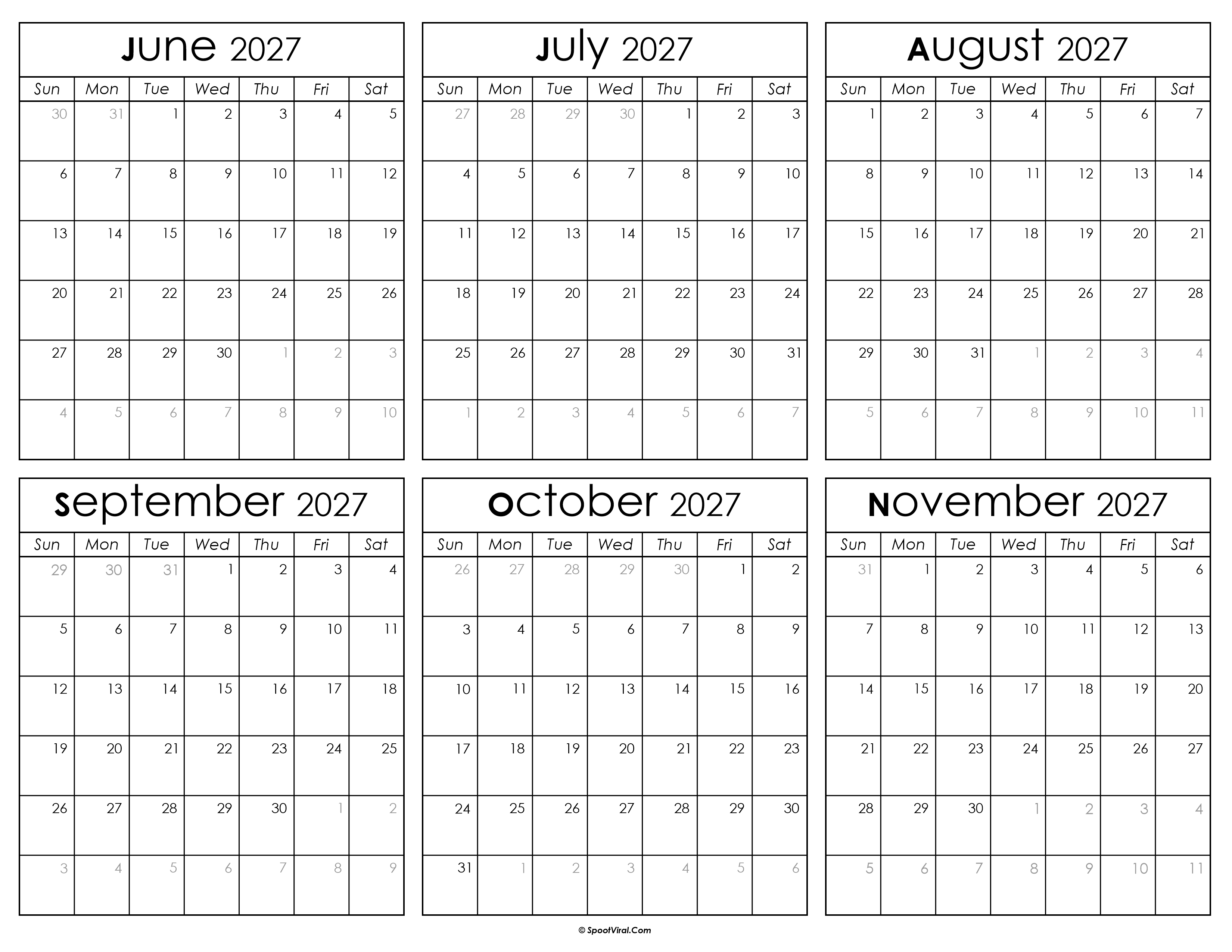 Printable June to November Calendar 2027
