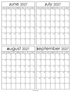 Printable June to September 2027 Calendars