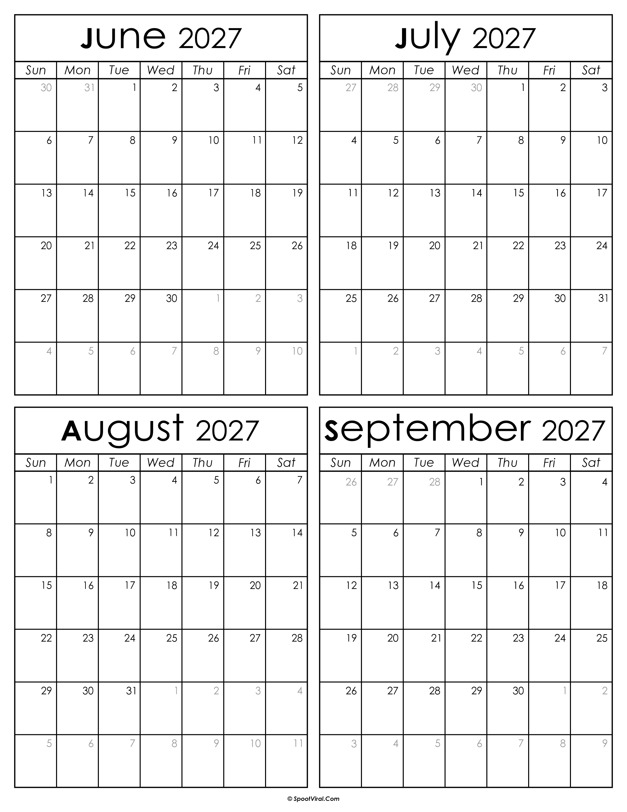 Printable June to September 2027 Calendars