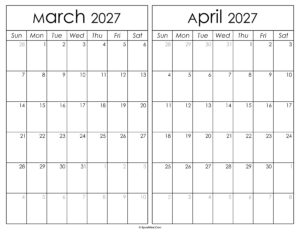 Printable March April 2027 Calendar
