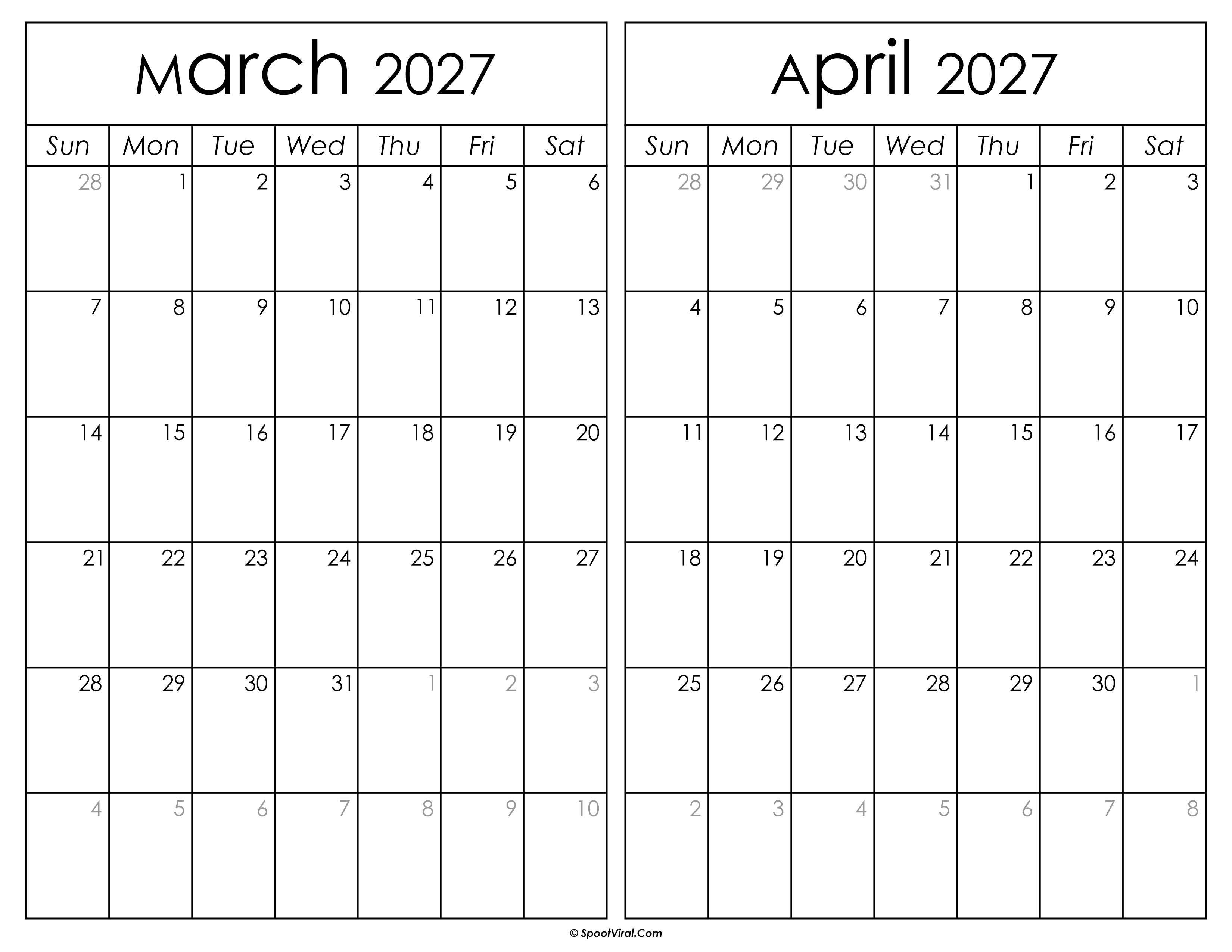 Printable March April 2027 Calendar