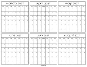 Printable March to August Calendar 2027