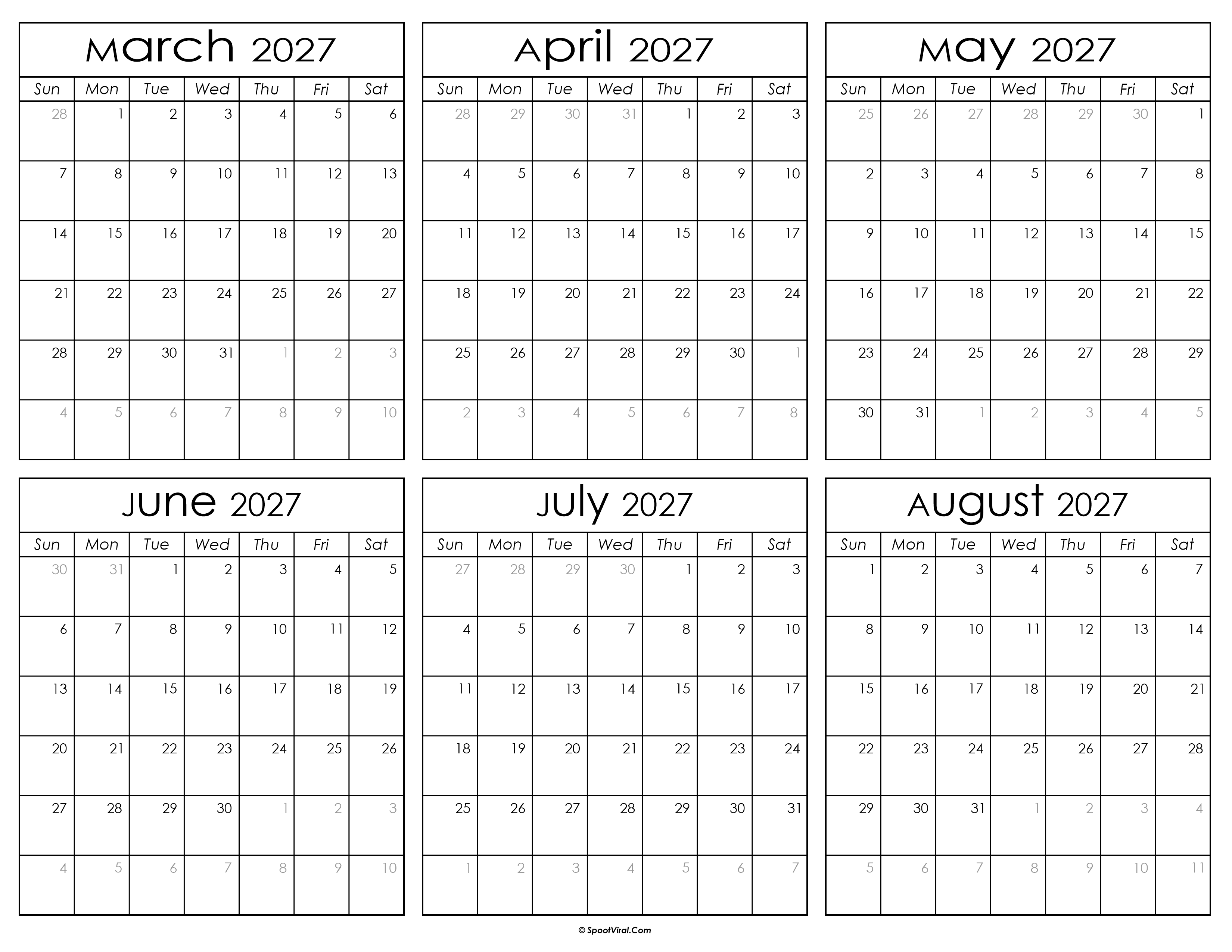 Printable March to August Calendar 2027