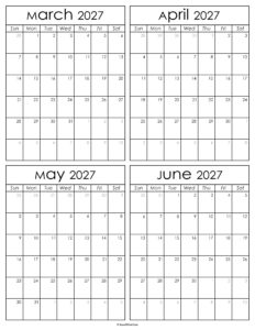 Printable March to June 2027 Calendars