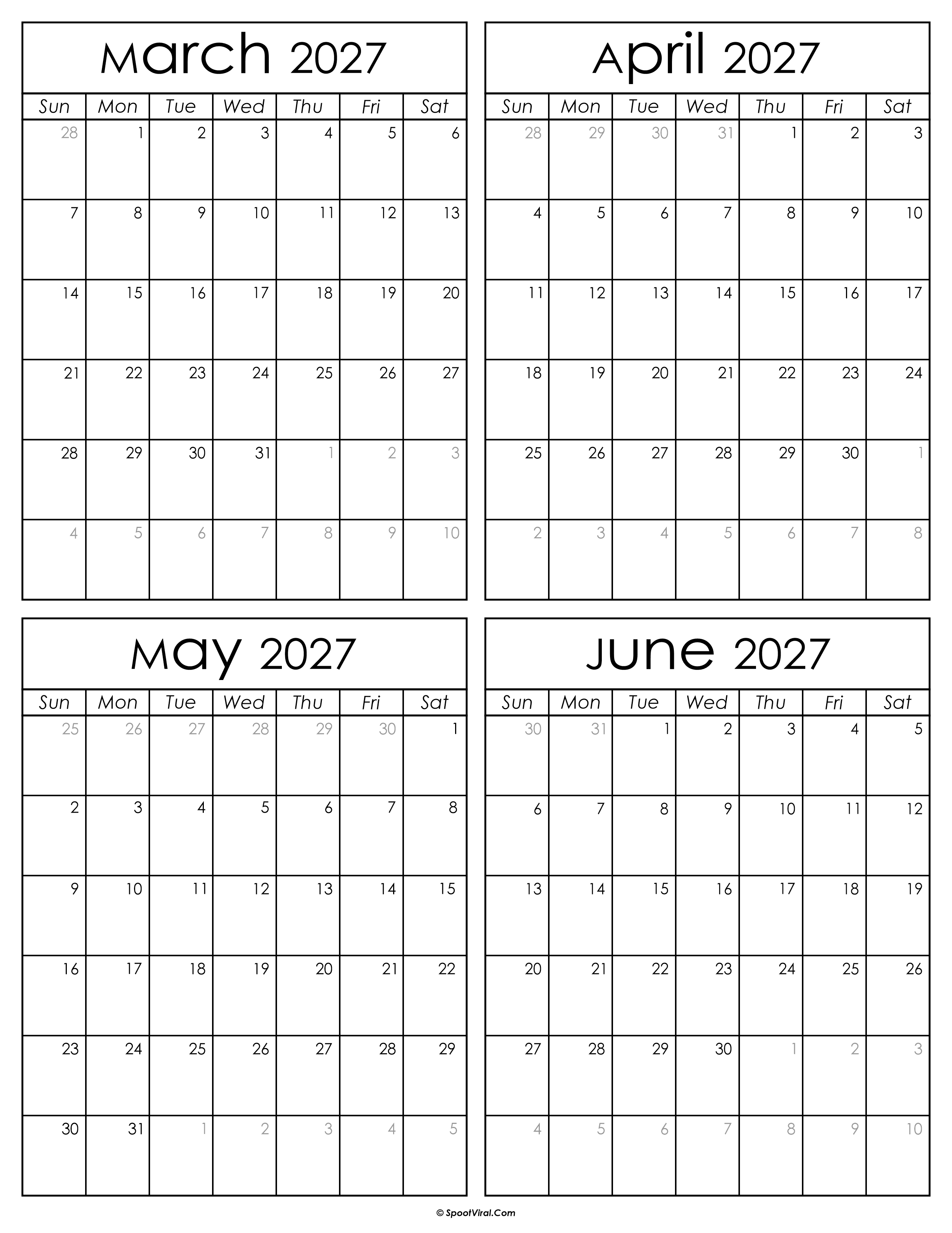 Printable March to June 2027 Calendars