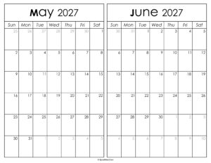 Printable May June 2027 Calendar