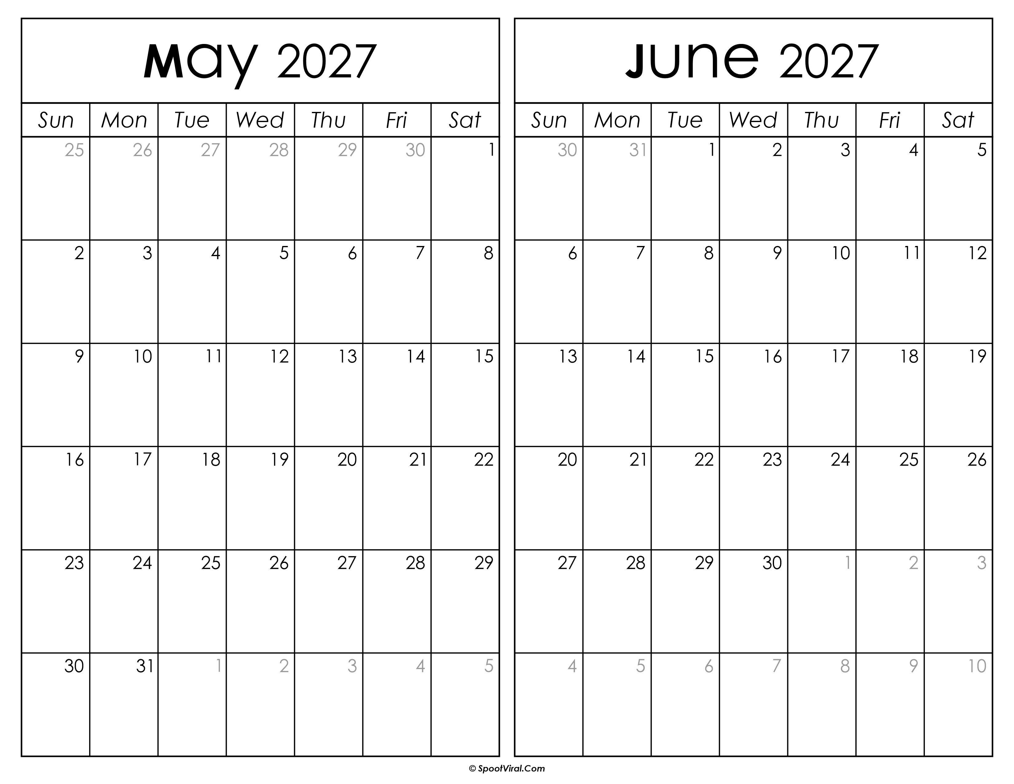Printable May June 2027 Calendar