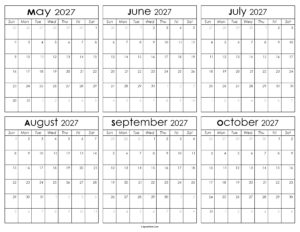 Printable May to October Calendar 2027