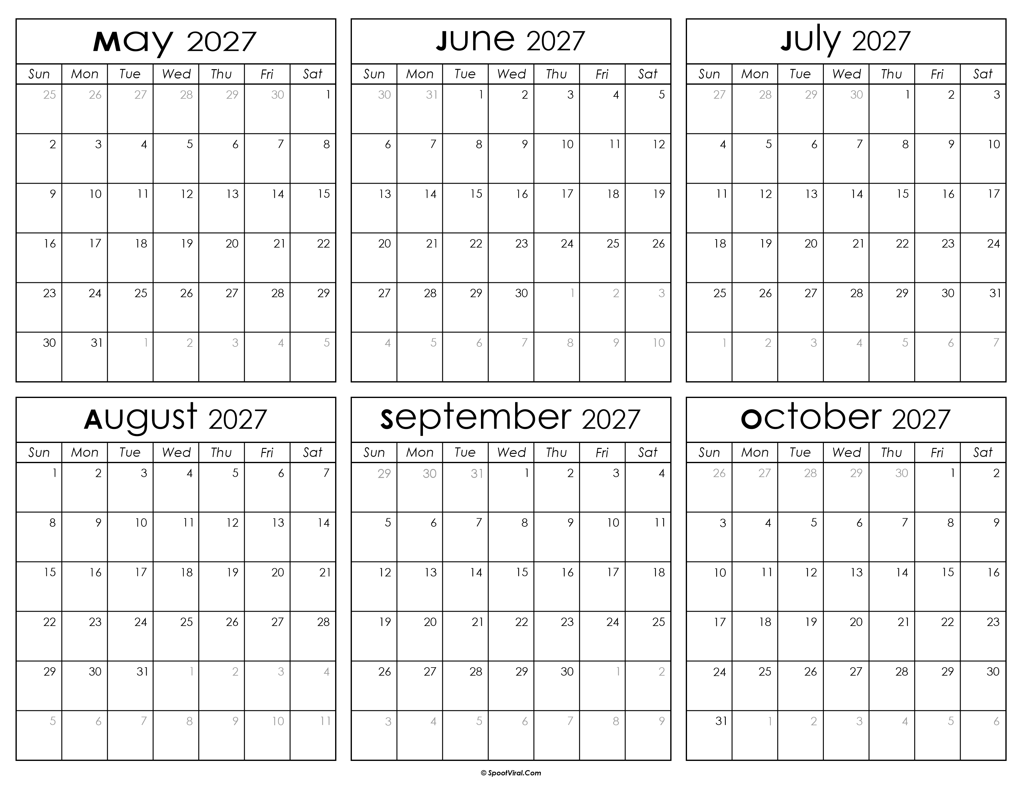 Printable May to October Calendar 2027