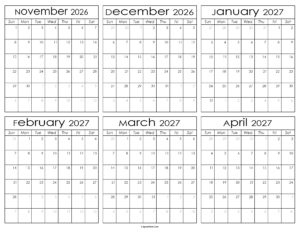 Printable November 2026 to April 2027 Calendar