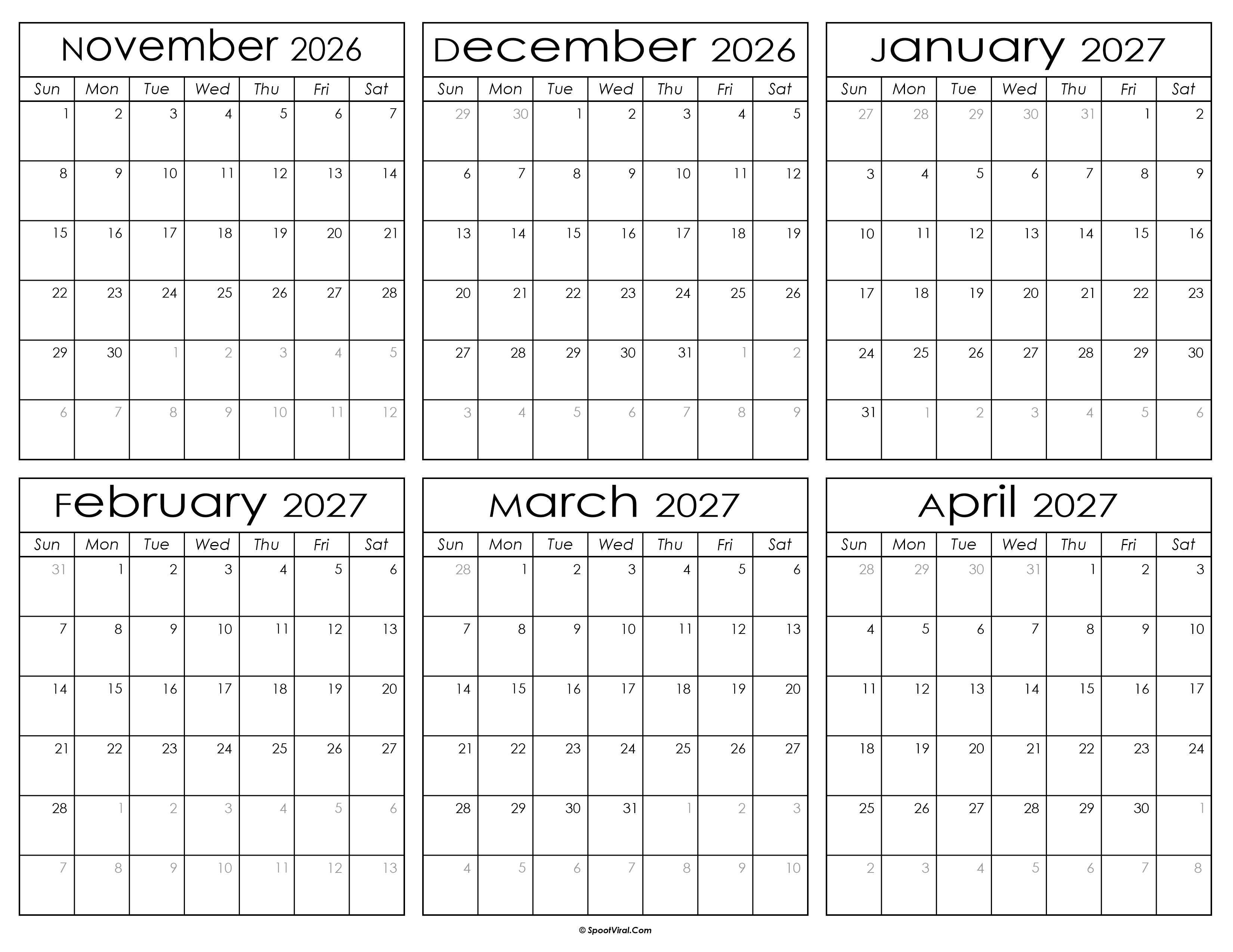 Printable November 2026 to April 2027 Calendar