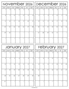 Printable November 2026 to February 2027 Calendars