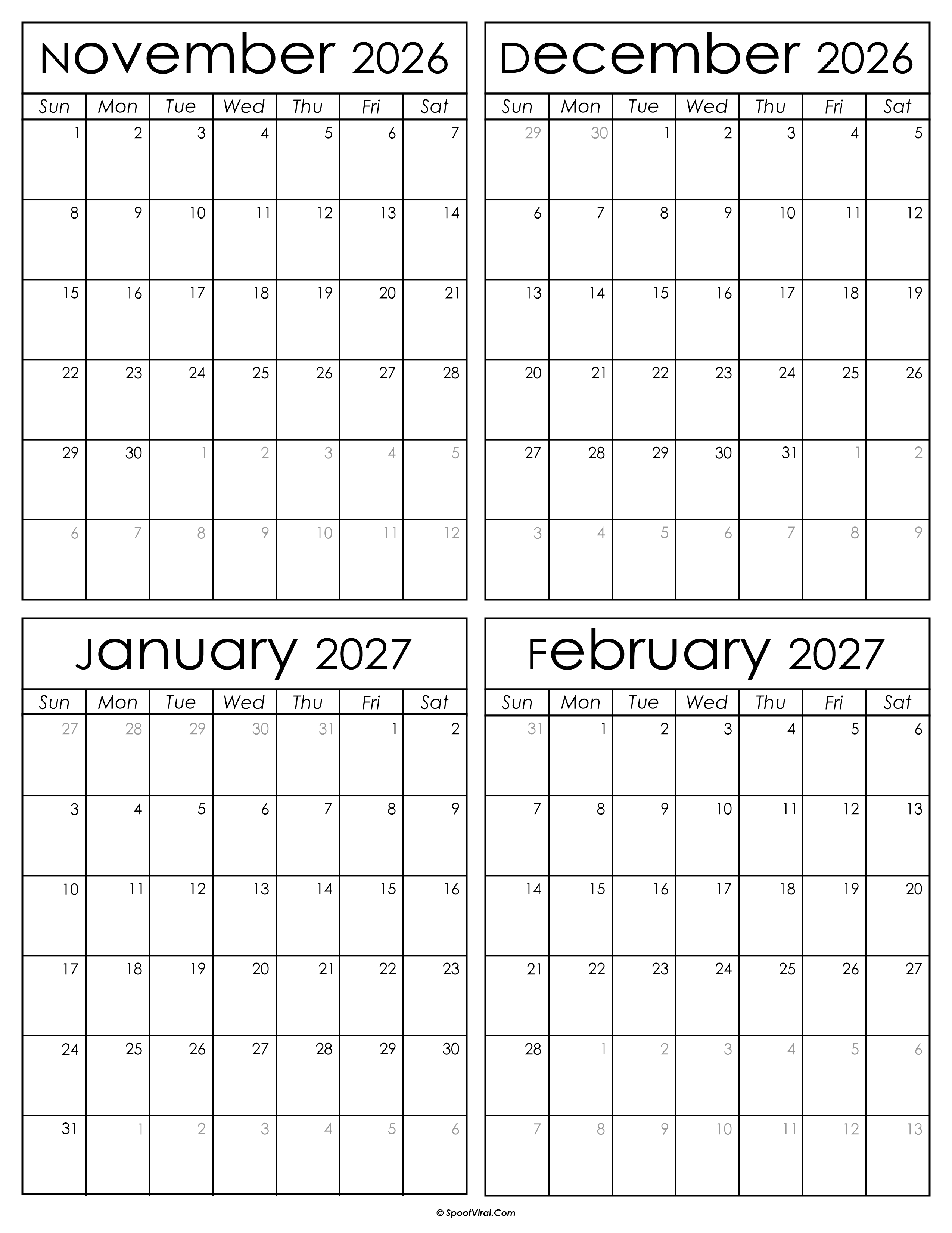 Printable November 2026 to February 2027 Calendars