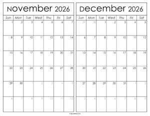 Printable November December 2026 Calendar