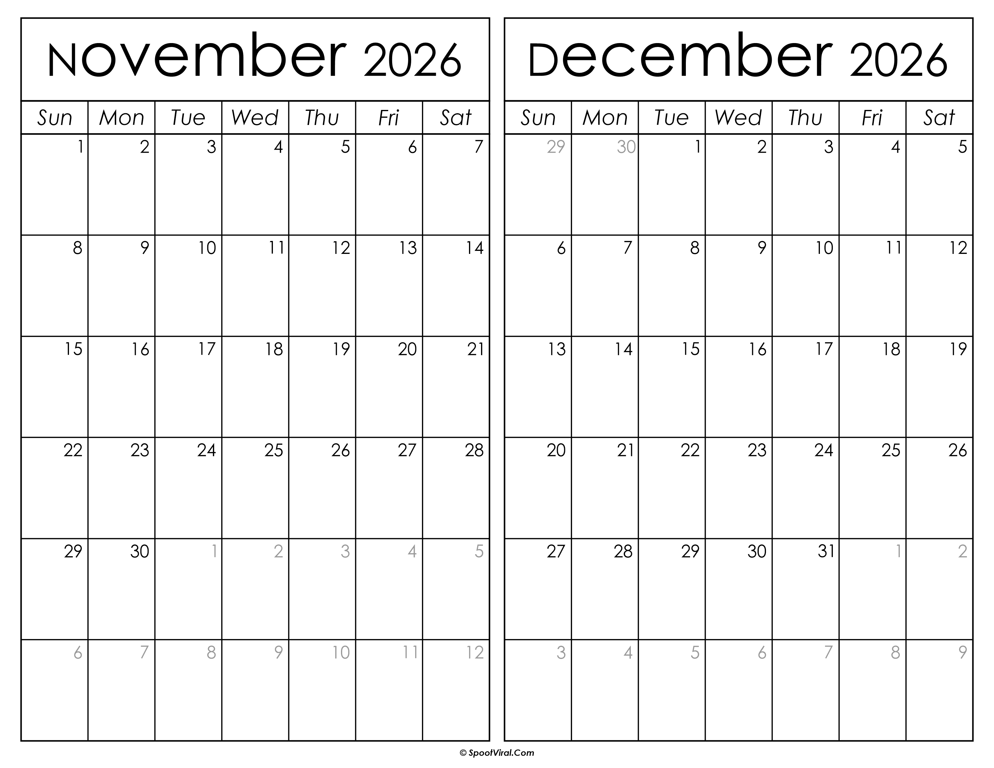Printable November December 2026 Calendar