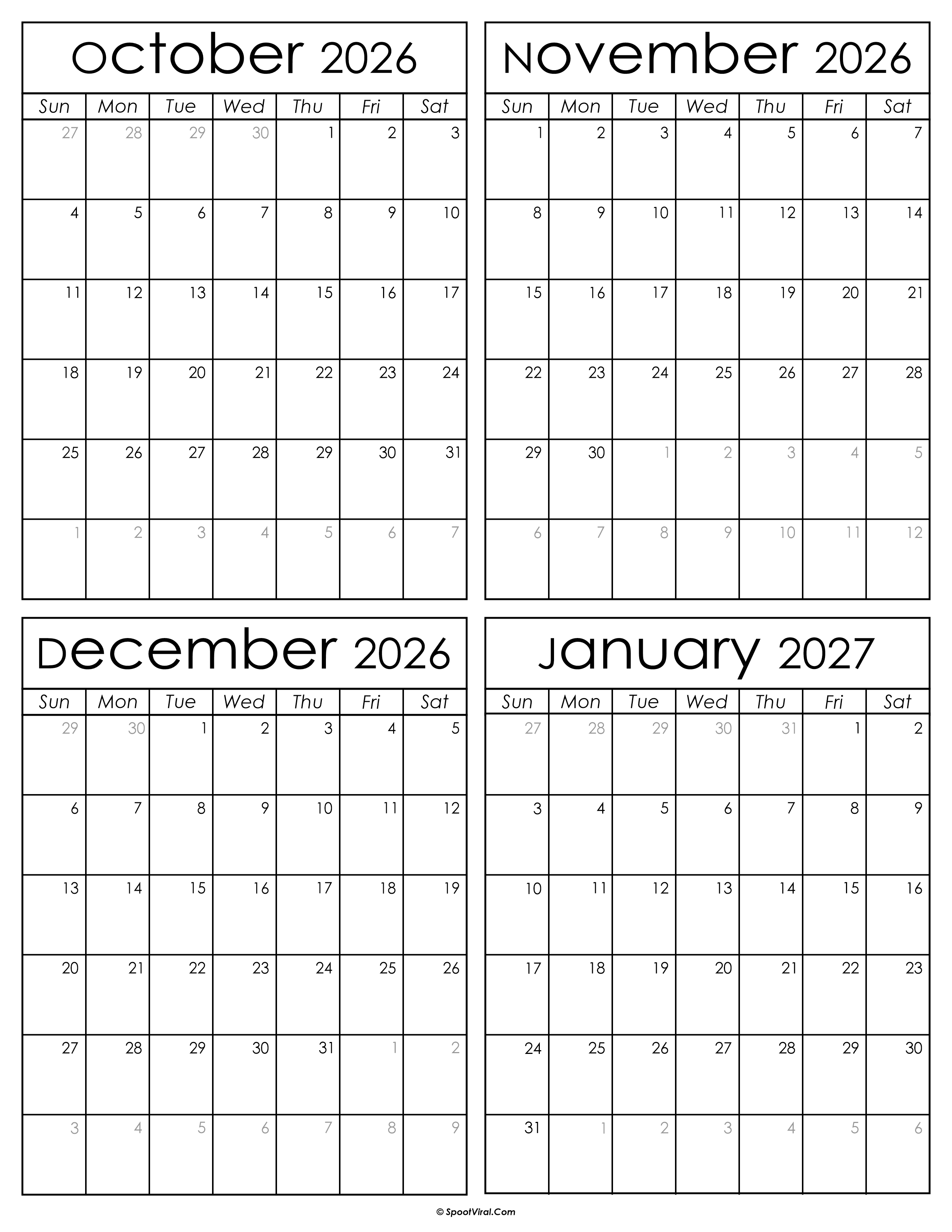 Printable October 2026 to January 2027 Calendars