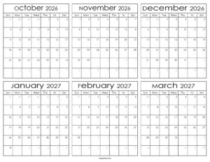 Printable October 2026 to March 2027 Calendar