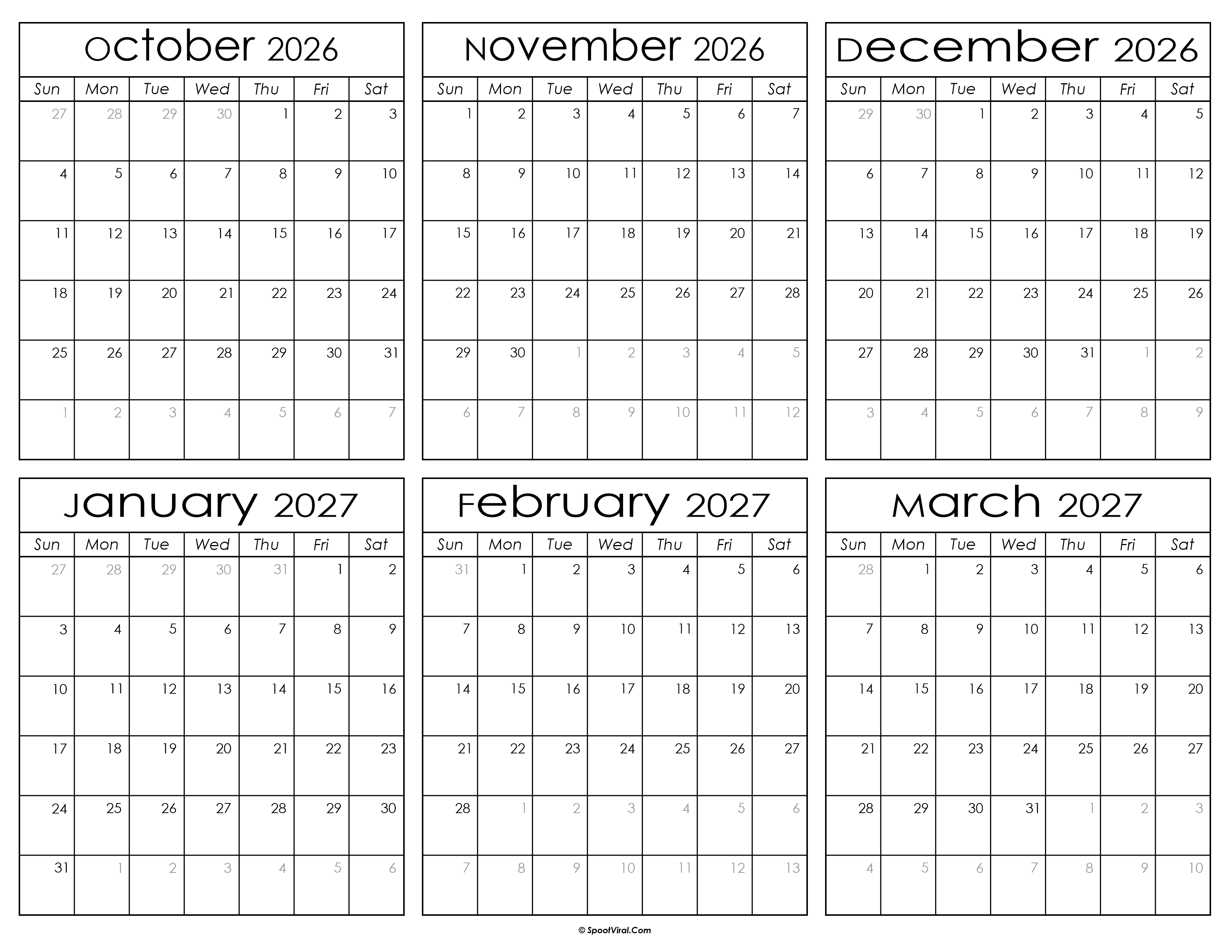 Printable October 2026 to March 2027 Calendar