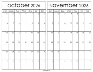 Printable October November 2026 Calendar