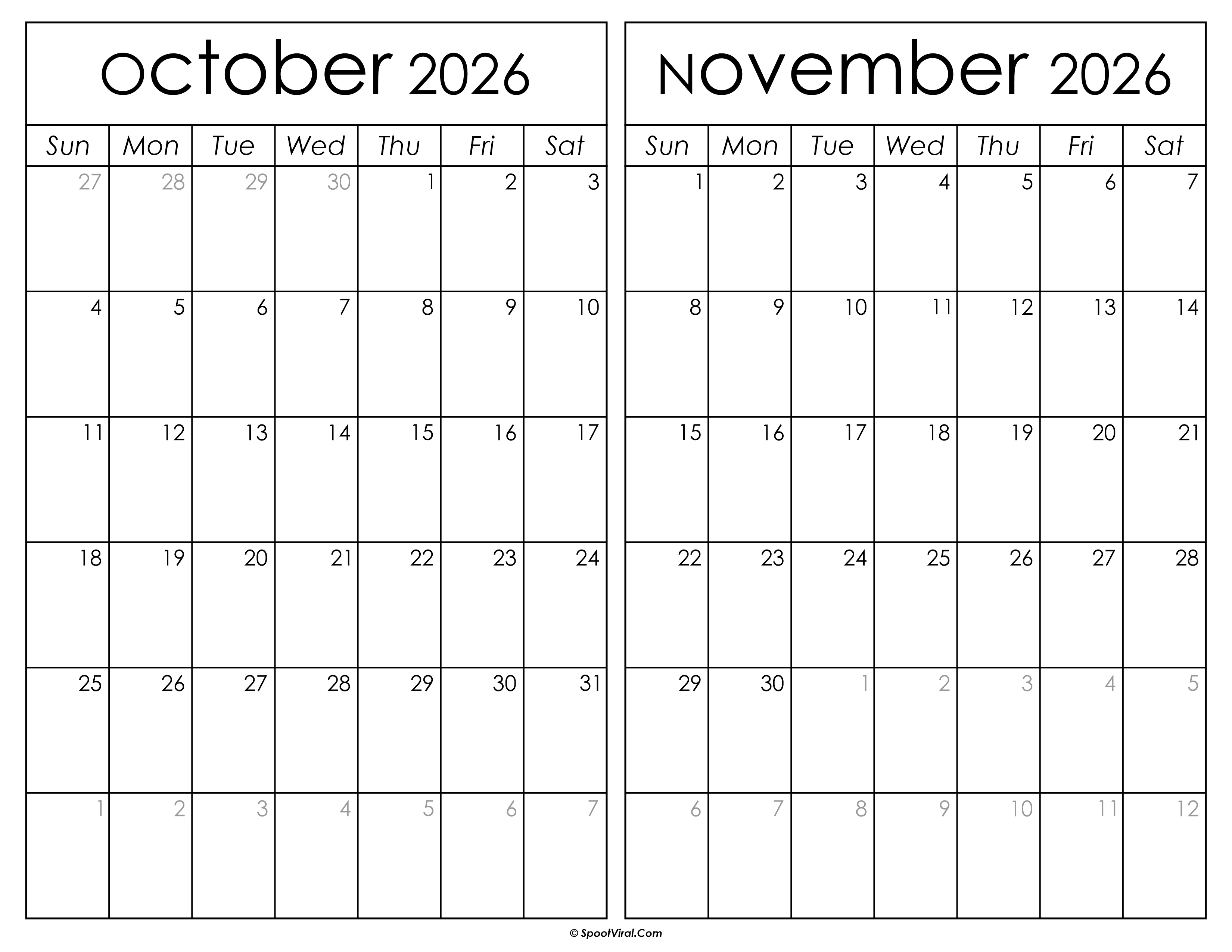 Printable October November 2026 Calendar