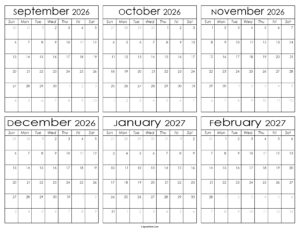 Printable September 2026 to February 2027 Calendar