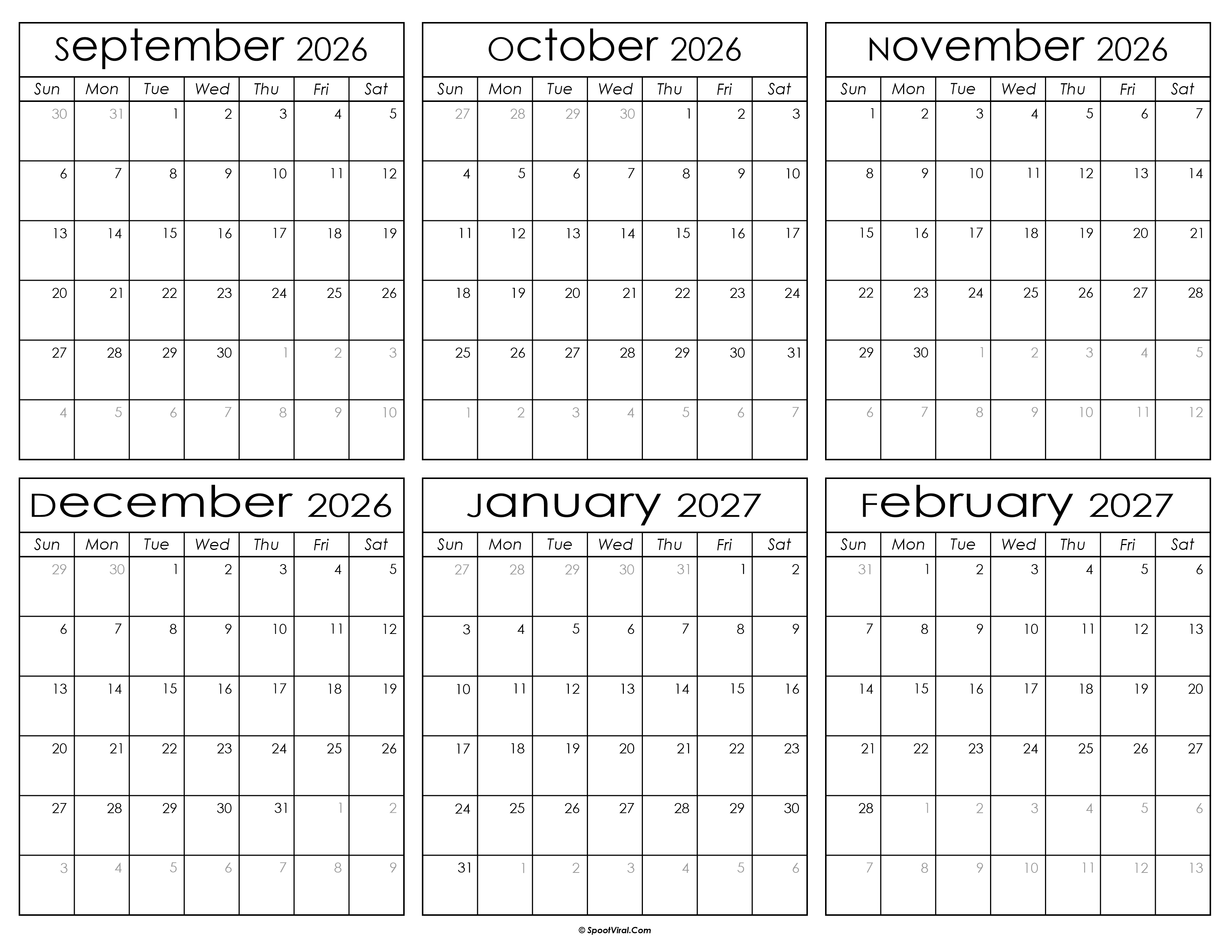 Printable September 2026 to February 2027 Calendar