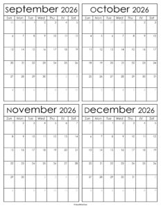 Printable September to December 2026 Calendars