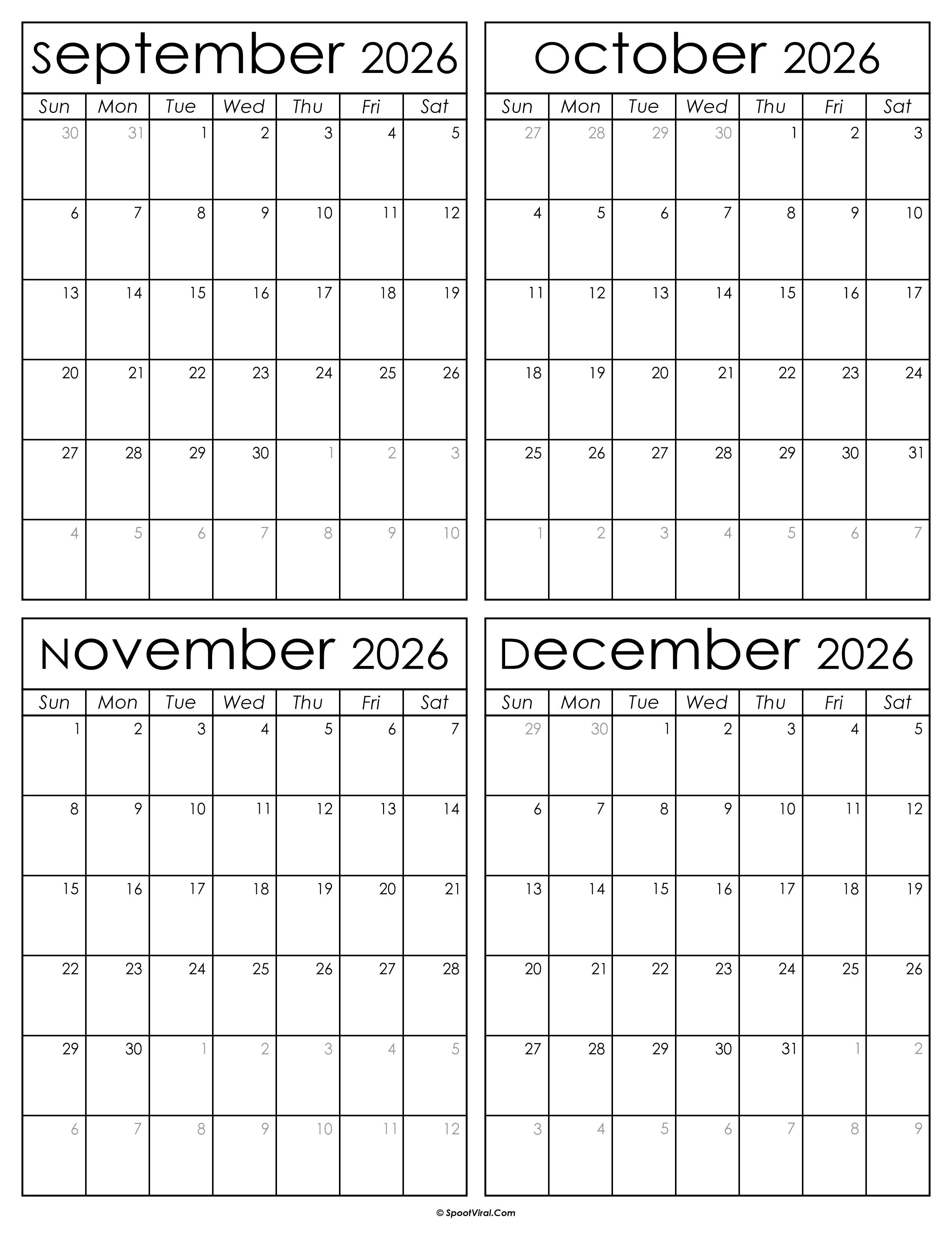 Printable September to December 2026 Calendars