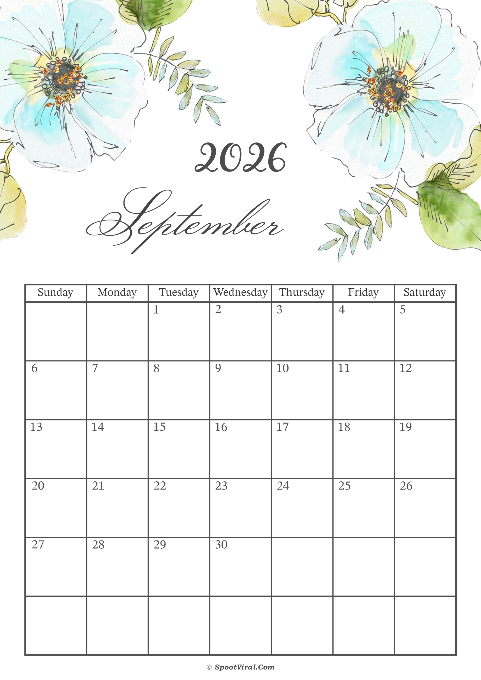 September 2026 Calendar Floral