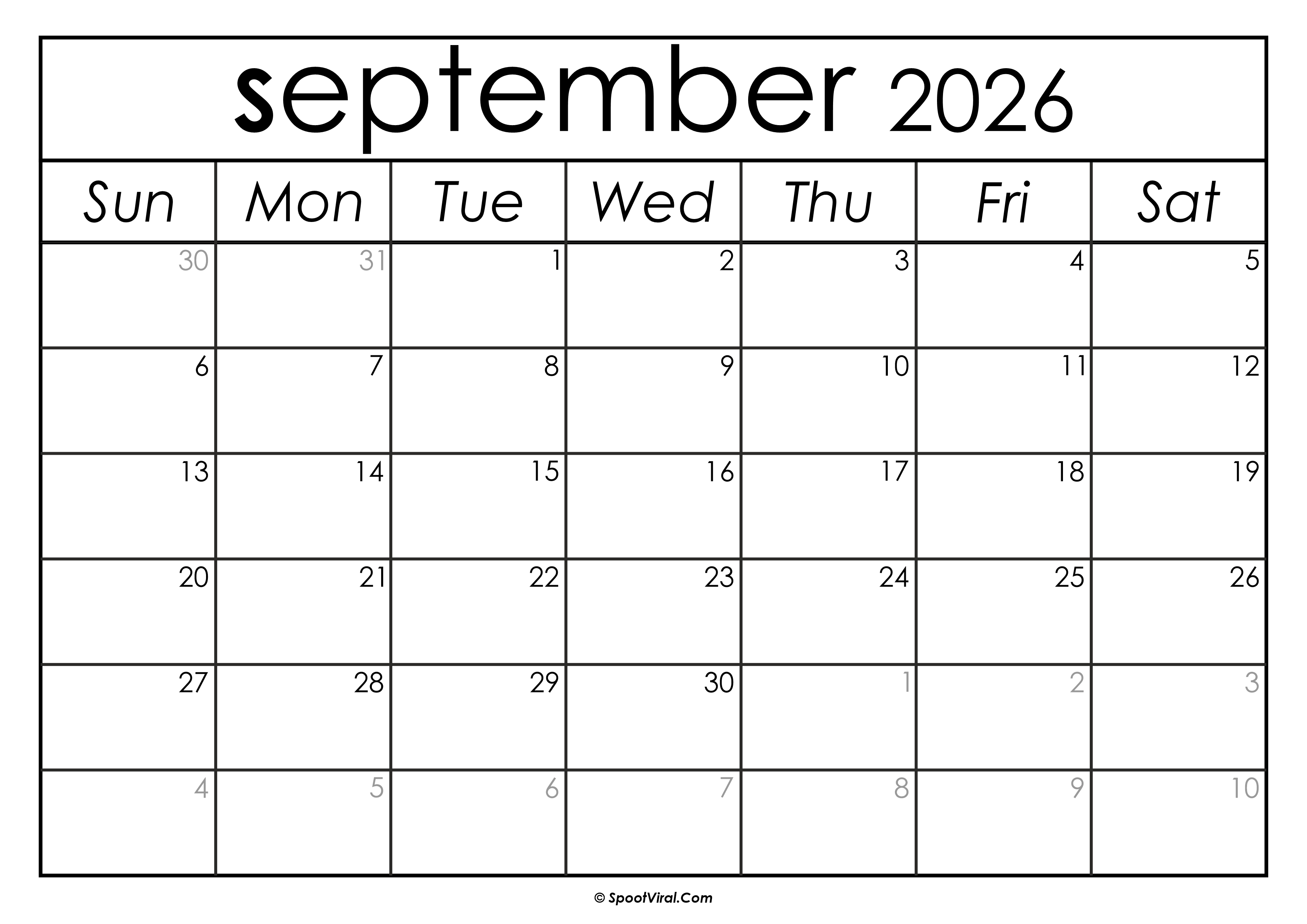 September 2026 Calendar Printable