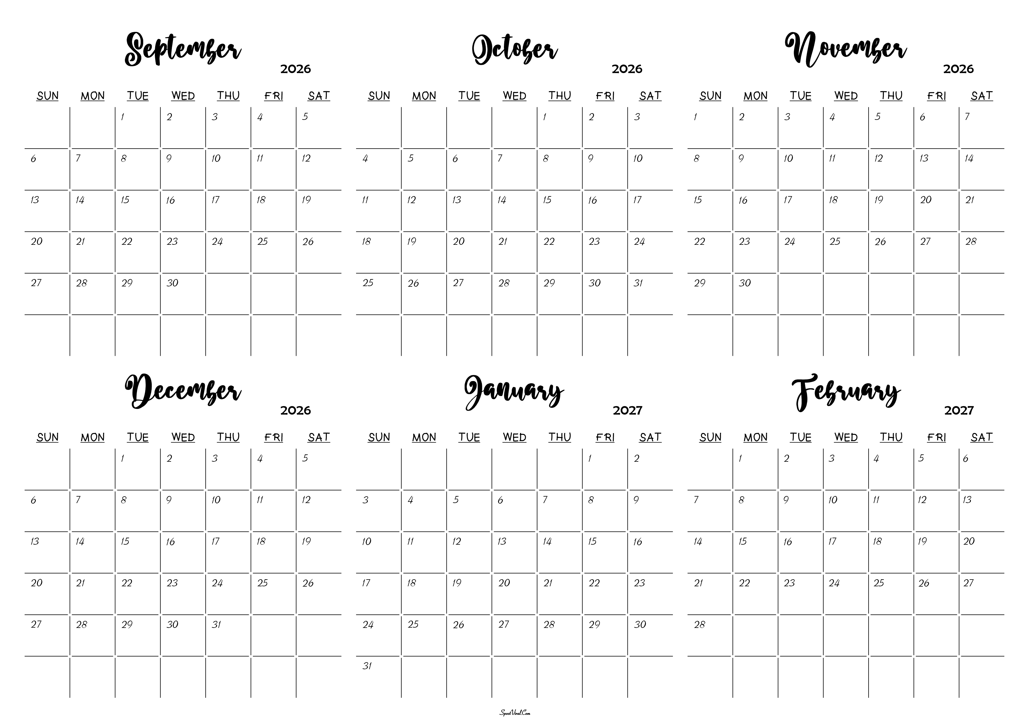 September 2026 to February 2027 Calendar
