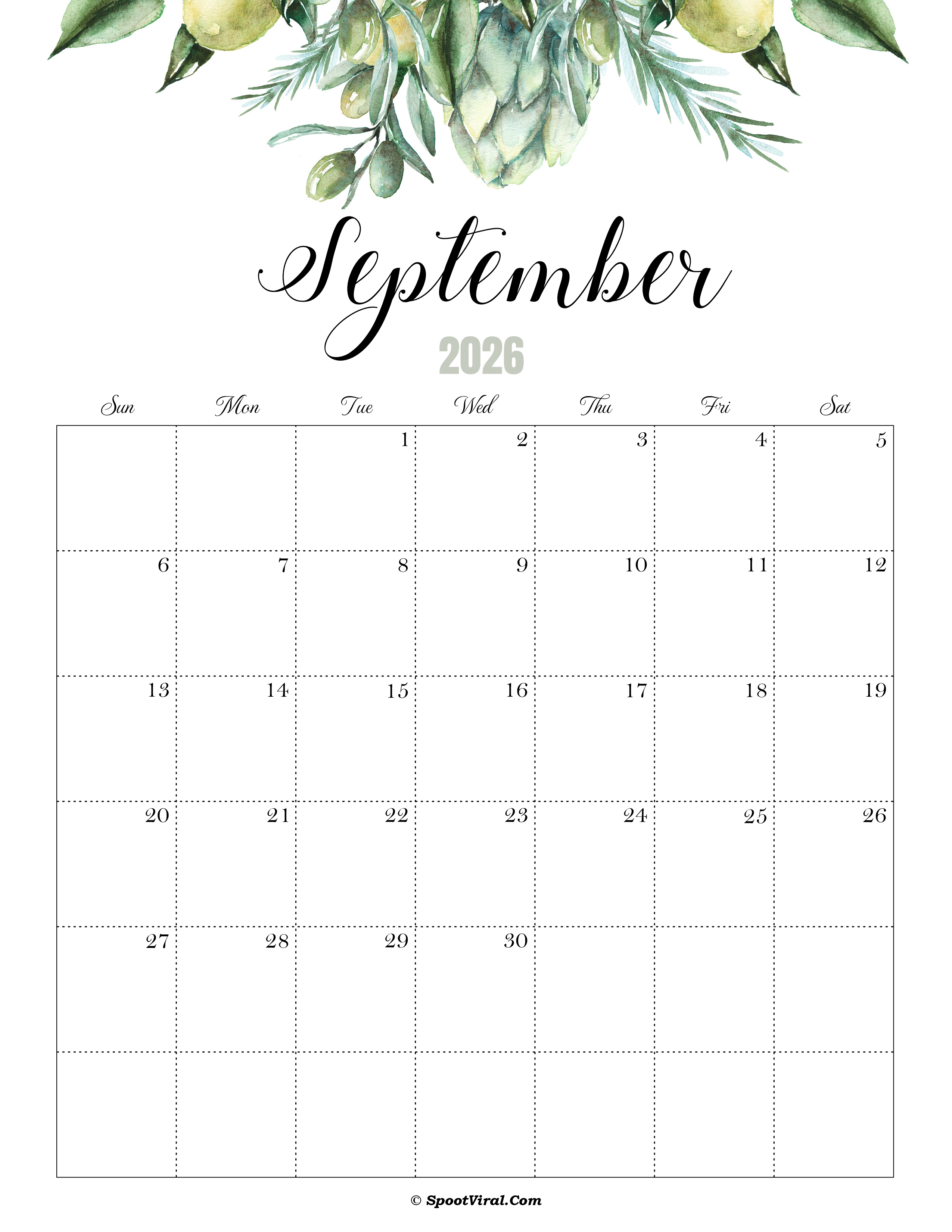 September Calendar 2026 Cute